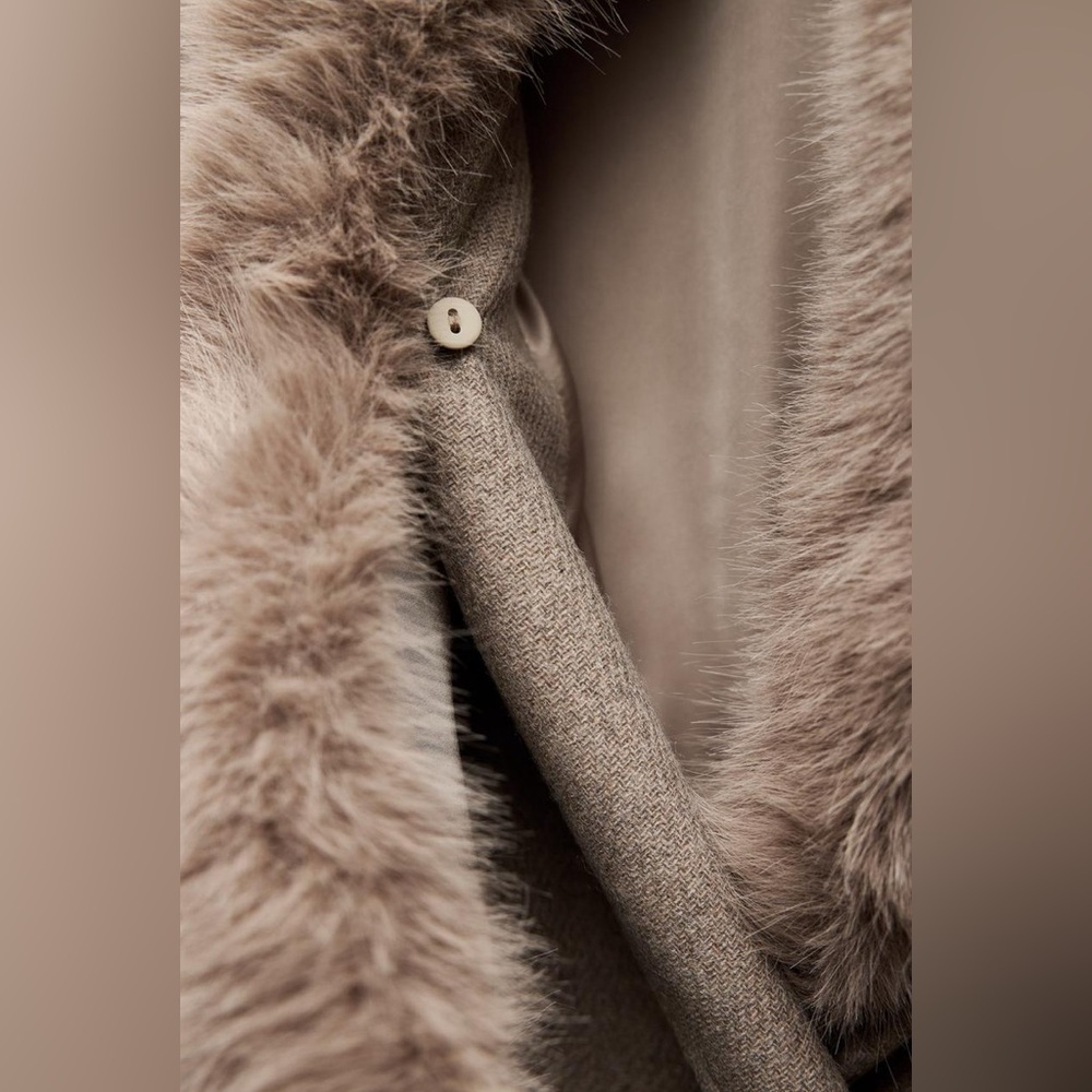 Zara Beige Fur-Trimmed Coat - Picture 13 of 16
